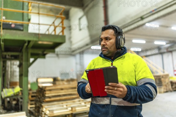 Man caucasian adult worker doing inventory using digital tablet in a recycling plant full of pallets to arrange to reuse