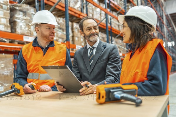 Manager holding a clipboard, engaging in discussion with warehouse workers about improving inventory control and enhancing operational efficiency