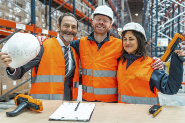Warehouse workers and their manager are smiling and hugging each other, celebrating a successful collaboration in their logistics center