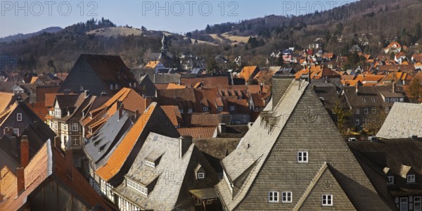 City panorama over the roofs of the old town of Goslar with a view of the Frankenberg church, Lower Saxony, Germany, Europe