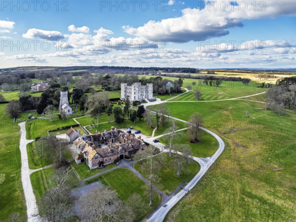 Lulworth Castle from a drone, Lulworth Estate, Camp Bestival, East Lulworth, Dorset, England, United Kingdom, Europe