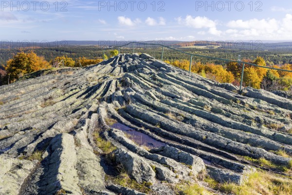 Exposed basalt outcrop from volcanic times, Hirtstein, Marienberg, Erzgebirge, Saxony, Germany, Europe