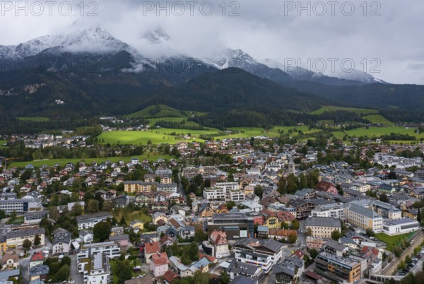 Drone image, residential buildings, town view, Saalfelden am Steinernen Meer, Pinzgau, Salzburg province, Austria, Europe