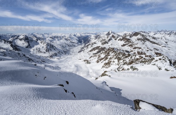 View from the summit of Piz Grialetsch in winter, mountain panorama with Dürrboden valley and view of Blessur Alps, Grisons Haute Route, Albula Alps, Rhaetian Alps, Grisons, Switzerland, Europe