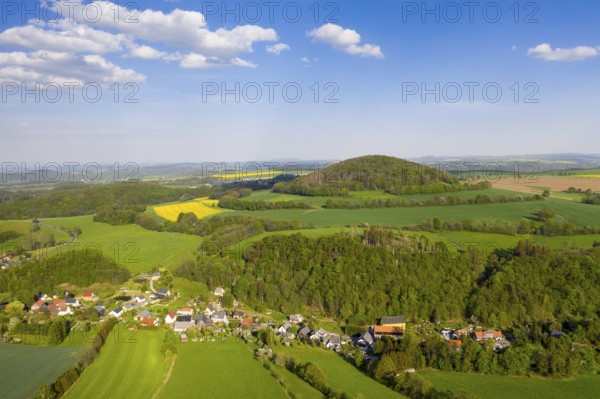 Landscape in the Osterzgebirge with Niederfrauendorf and Luchberg from above, Glashütte, Erzgebirge, Saxony, Germany, Europe