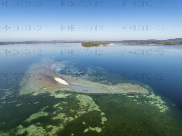 Aerial view of a shoal due to low water, drought, danger to shipping traffic, on the horizon the Mettnau peninsula near Radolfzell on Lake Constance, Reichenau Island, Constance district, Baden-Württemberg, Germany, Europe