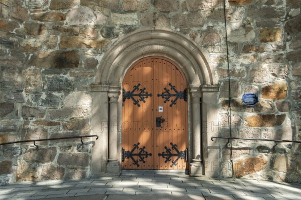 Entrance portal with wrought-iron fittings, Skedsmo Pilgrim Church, Skedsmokorset, Norway, Europe