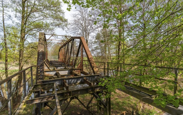 Lost place, disused rusty railway bridge in the forest, Finow Canal, Liebenwalde, Oberhavel, Brandenburg, Germany, Europe