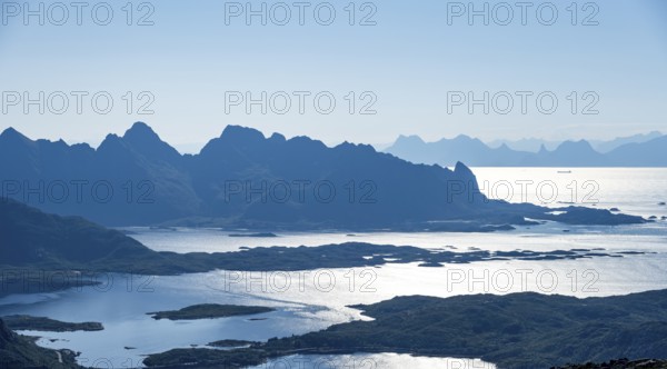 Mountain peak and fjord Austensfjorden, fjord landscape and sea, view from the summit of Rundfjellet, Nordland, Norway, Europe