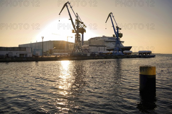 DISNEY ADVENTURE, The GLOBAL CLASS cruise ship leaves the hall of the Meyer Wismar shipyard after 7 years, harbour of Wismar, 19.04.2025