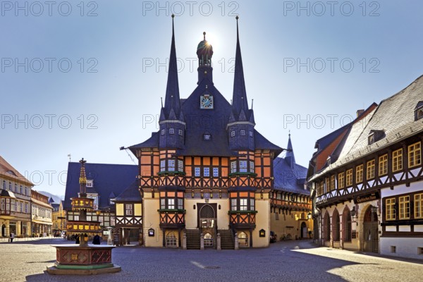 Market square with town hall backlit, Wernigerode, Harz, Saxony-Anhalt, Germany, Europe