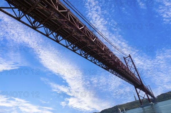 Lisbon, Landmark suspension 25 of April bridge over Tagus reiver near Belem tower