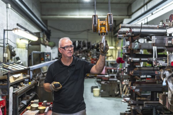Mature caucasian man using remote control to operating a crane in a metal factory