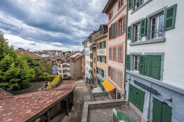 Covered staircase Escaliers du Marché and historic houses in the old town, Lausanne, Vaud, Switzerland, Europe