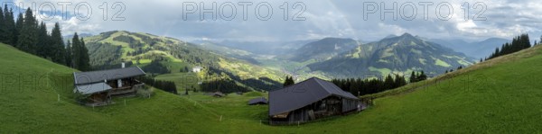Alpine panorama in summer, rainbow, alpine hut, view over the Brixen valley, Hochbrixen, Brixen im Thale, Kitzbühel Alps, Tyrol, Austria, Europe