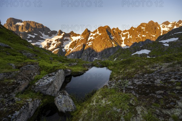 Rocky mountain peaks with reflection, small pond in moor landscape at Trollfjord Hytta, mountain landscape with alpenglow at sunrise, at Trollfjord, Lofoten and Vesterålen, Nordland, Norway, Europe