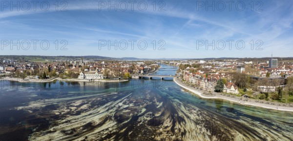 Aerial view, panorama of Lake Constance and the Seerhein also Rhine funnel at low water with the city of Constance and the old Rhine bridge, where the Rhine officially begins at kilometre zero, district of Constance, Baden-Württemberg, Germany, Europe
