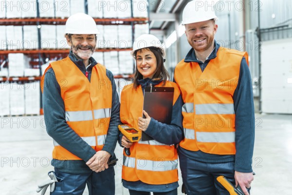 Warehouse workers wearing safety vests and hard hats smiling in a logistics center, managing inventory and shipments