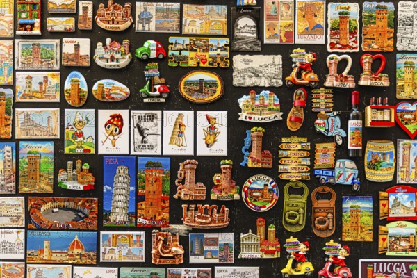 Magnetic boards with Tuscan motifs in a souvenir shop, historic city centre, Lucca, Tuscany, Italy, Europe