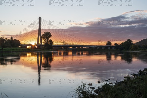 Sunrise on the Elbe with Elbe bridge Niederwartha, Dresden, Saxony, Germany, Europe