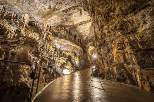 Tourists exploring the illuminated pathway within the breathtaking postojna cave, marveling at the stunning stalactites and stalagmites