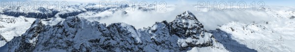 Alpine panorama, aerial view, mountain peak Piz Kesch and glacier Vadret da Porchabella, Albula Alps, Rhaetian Alps, Grisons, Eastern Switzerland, Switzerland, Europe