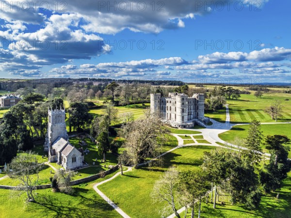 Lulworth Castle from a drone, Lulworth Estate, Camp Bestival, East Lulworth, Dorset, England, United Kingdom, Europe