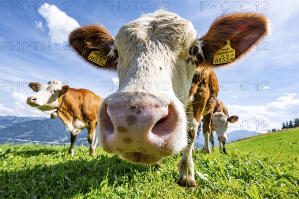 Three young curious calves (Bos primigenius taurus), cows on an alpine meadow, stretching their snouts towards the camera, Simmental cattle, Hochbrixen, Brixen im Thale, Tyrol, Austria, Europe