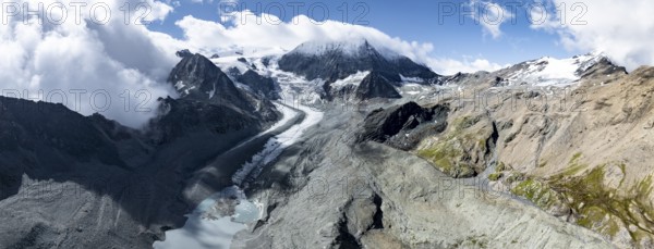 Aerial view, Alpine panorama, mountain landscape with glacier tongue Glacier de Cheilon and summit Mont Blanc de Cheilon, Valais, Western Alps, Switzerland, Europe