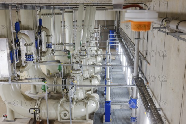 Oberhausen, Ruhr area, North Rhine-Westphalia, Germany - Emscher conversion, new Emscher AKE sewer, here the new Oberhausen pumping station, the engine room with the pumps that will pump 16, 000 litres of wastewater per minute in the future, the ecological conversion of the Emscher system consists of the construction of a central wastewater treatment system in the Ruhr area, the construction of sewers and the renaturation of the Emscher and its tributaries
