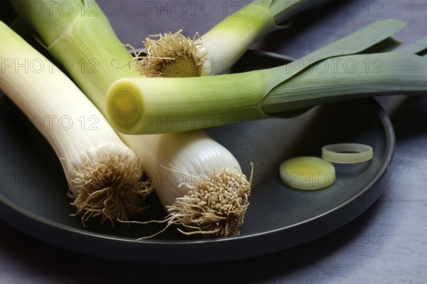 Leek, leek sticks on a plate, leek