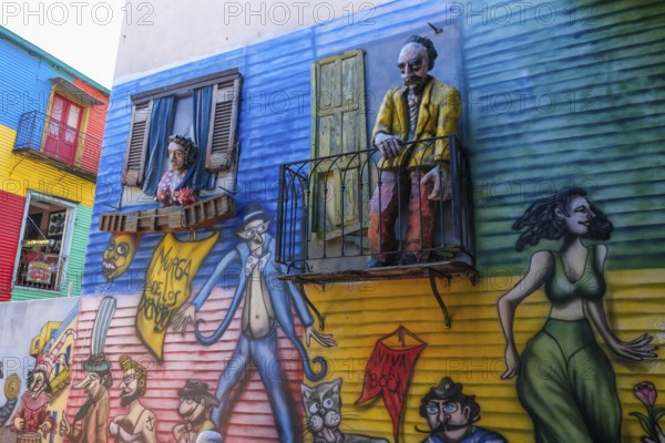 La Boca, Buenos Aires, Argentina, colourfully painted houses in the harbour district around the El Caminito alley. Figures of Argentinian personalities greet you on the façade of the cultural centre. La Boca emerged at the end of the 19th century as a neighbourhood of Italian immigrants, most of whom worked as industrial workers. Today, the working-class neighbourhood is popular with tourists, partly because of its original houses, often built from the sheet metal of scrapped ships and brightly painted with ship paint, South America