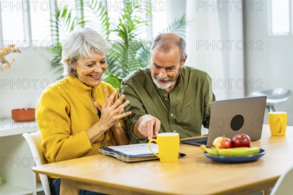 Senior couple going over their finances while sitting on their living room expressing happiness analyzing the data