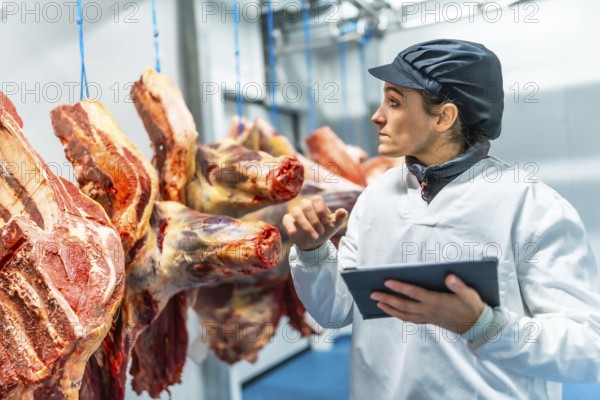 Butcher using technology in a innovative meat processing factory checking the meat using digital tablet