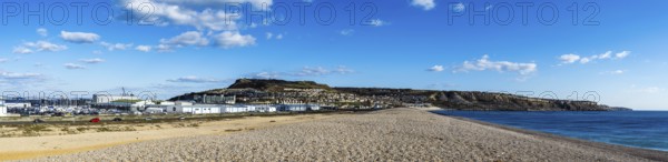 Panorama of Chesil Beach, West Bay to Portland, Jurassic Coast, Dorset, England, United Kingdom, Europe