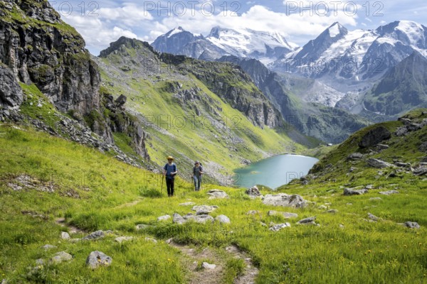 Hiker and mountain lake Lac de Louvie with glaciated summit of the Grand Combin, Val de Bagnes, Valais, Switzerland, Europe
