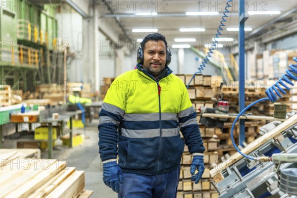 Man carpenter with protective work gear standing in a recycling plant arranging pallets to reuse
