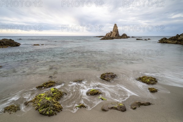 Rocky coast, rocks washed by water, Cabo de Gata-Nijar Natural Park, Almeria, Andalusia, Spain, Europe