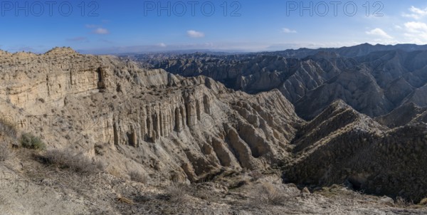 Wide hilly desert landscape with dry vegetation, Gorafe desert, semi-desert, Granada, Andalusia, Spain, Europe