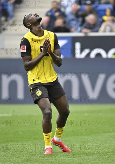 Serhou Guirassy Borussia Dortmund BVB (09) disappointed Gesture gesture after missed penalty PreZero Arena, Sinsheim, Baden-Württemberg, Germany, Europe