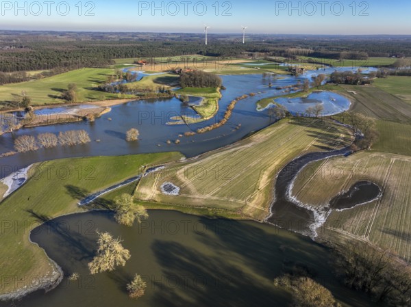 Haltern am See, North Rhine-Westphalia, Germany, floods on the Lippe, river in the Ruhr area, the fields, the agricultural land of the farmers next to the watercourse are flooded, serve as retention areas, flood areas for flood protection, Europe