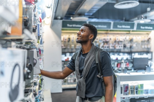 Side view photo with copy space of a young african man in a tech store looking at headphones