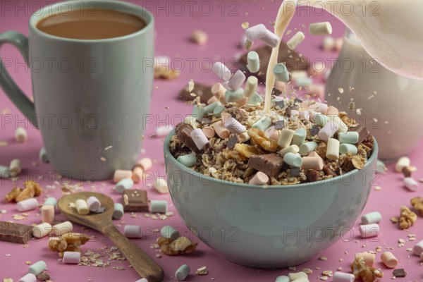 Breakfast, milk is poured into a bowl with muesli and colourful marshmallows, coffee next to it against a pink background