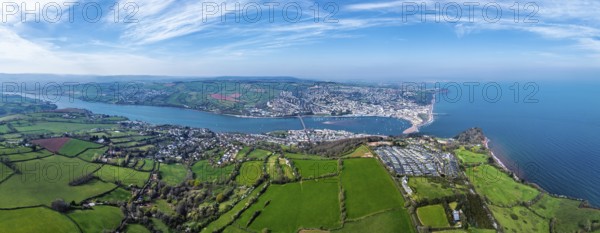 Panorama of Coast View Holiday Park, Farms and Fields over River Teign from a drone, Teignmouth, Shaldon, Devon, England, United Kingdom, Europe