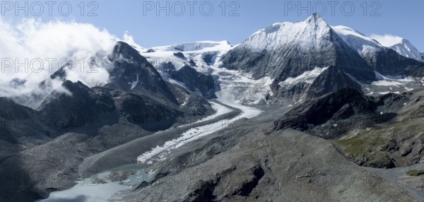 Aerial view, Alpine panorama, mountain landscape with glacier tongue and glacier lake, Glacier de Cheilon and summit Mont Blanc de Cheilon, Valais, Western Alps, Switzerland, Europe