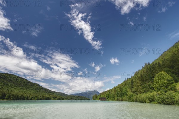 A green lake surrounded by densely wooded hills under a cloudy sky, Walchensee, Jachenau, Bavaria, Germany, Europe
