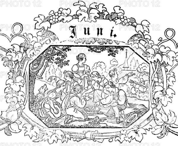 Month of June, men and woman taking a break from working in the fields and eating, village, church, grapevine ornamentation, woodcut illustration, Swiss calendar for 1848