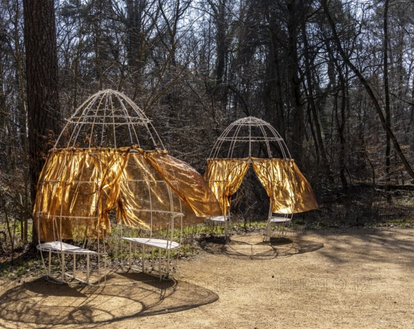 Art installation in front of the entrance to the former Alpenhaus, Historic Tuberculosis Sanatoriums in Beelitz, Brandenburg, Germany, Europe