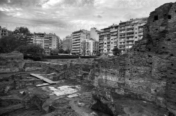 Forum Romanum, Roman Forum, Roman Agora, archaeological site, black and white, Thessaloniki, Macedonia, Greece, Europe