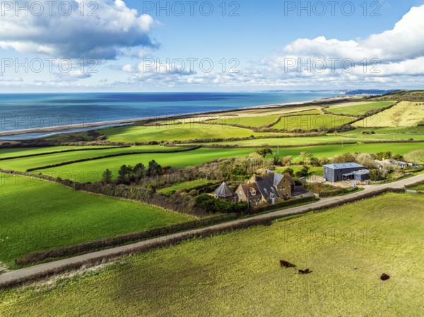 Farms over Swyre and West Bexington from a drone, West Bexington Nature Reserve, S W Coast Path, Dorchester, Dorset, England, United Kingdom, Europe